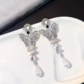 Silver long tassel butterfly earrings with rhinestone crystals and pearl drops - Silver Butterfly Teardrop Pearl Dangle (493)