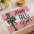 Pink striped fall placemat with Happy Fall Y'all text and black white checkered bow - Pink White Stripe Happy FALL Y'all