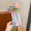 Pince à cheveux nœud arc-en-ciel avec couronne de paillettes et longs rubans - 4# Multicolore