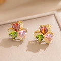 Luxury gold clover earrings with colorful heart stones and micro-pave crystals - Gold Earrings