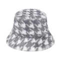 Winter plush bucket hat featuring grey and white houndstooth pattern for warm outdoor wear - Gray