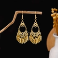 Golden bohemian water drop earrings with floral filigree and leaf tassel charms - E5520-5 Teardrop Flower Hollow Leaf
