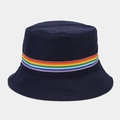 Detailed close-up of navy blue cotton bucket hat with vibrant rainbow striped ribbon trim - M (56-58cm) / Navy Blue