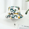 Detail of cartoon excavator print on cotton kid's sun hat with adjustable chin strap - Size 50 (1-3 Years) / Green Excavator