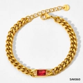 Golden Cuban chain bracelet with rectangular red stone and S Steel tag, model SAK860 - Gold/Red Zirconia