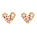 Detail of gold heart stud earrings featuring pink zircon stones and beaded edges - Pink