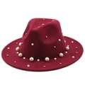Chapeau fedora élégant en laine bordeaux avec décorations de perles et rivets dorés femme - M (56-58cm) / Bordeaux