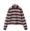 Detail view of the burgundy striped polo collar and neck buttons of the knit shirt - S / Polo Shirt / Brick Red Long Sleeve
