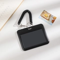 Detail of black card holder with spiral spring coil and metal lobster clasp on white surface - Black Horizontal (Without Checkerboard Pendant)