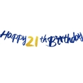 Blue and gold Happy 21st Birthday banner with glitter numbers for party decor - 21st Birthday Mirror+Glitter Style / Deep Blue Gold