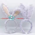 Cute lavender plush bunny ear headband with blue flower detail, front and back views - Purple with 5 Flowers