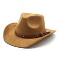 Classic brown faux suede western cowboy hat with studded leather band and vintage buckle - M(56-59CM) / Khaki (Suede)