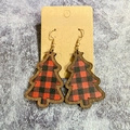Detail of wooden Christmas tree earrings with red and black buffalo plaid pattern and gold hooks - Red and Black Grid