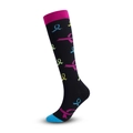 Knee-high compression socks in black with colorful ribbon patterns and pink cuffs - Butterfly Ribbon