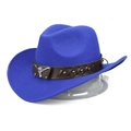 Royal blue wool cowboy hat with brown leather band and metallic bull head ornament - M(56-58cm) / Royal Blue (Woven Bull Head Band)