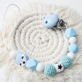 Blue silicone pacifier clip with crochet beads and a fox-shaped character bead - Blue