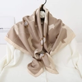 Beige and brown silk-like square scarf with abstract floral print on a shirt - Milk Tea Floral