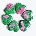 Set of six heart-shaped natural anyolite gemstones in green and pink hues - Ruby Zoisite