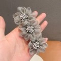 Handheld silver-grey mesh camellia hair clip with three flowers and white bead stamens - Spring Clips / Grey Mesh Stamen Style