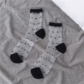 Detail of sheer mesh crew socks featuring classic black polka dots and reinforced heels - One Size (34-40) / Black Polka Dot