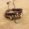 Brown leather Taurus zodiac multilayer bracelet with red agate beads and metal charm - Taurus