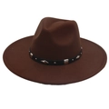 Detail of a brown fedora hat with a black belt featuring silver studs and diamond metal plates - Adult (57-62cm) / Dark Coffee