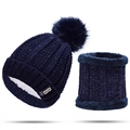 Navy blue winter knit beanie and scarf set with pompom and warm fleece lining - One Size / Navy Blue