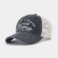 Close-up of vintage embroidery and distressed brim on breathable mesh ponytail cap - Adjustable / Black White Mama Slogan