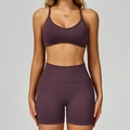 Conjunto de yoga sin costuras morado con pantalones cortos y sujetador deportivo - S / Sujetador+Pantalones Cortos - Púrpura Ciruela