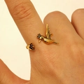 Macro detail of adjustable golden hummingbird and flower ring with vintage textures - Hummingbird and Flower Style (10406)