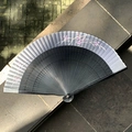 Chinese style folding fan with black bamboo frame and purple floral pattern on grey silk - Hollow Butterfly Grey Blue