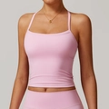 Slim fit light pink yoga tank top with square neck and thin straps for athletic support - S / Tops / Sakura Pink