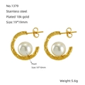 18k vergulde roestvrijstalen C-vormige oorbellen met gehamerde textuur en parels - Gehamerde C-vormige Parel Stijl (ZE1379G) / 18K goud