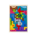 Kleurrijke houten puzzel met zeedieren zoals krabben en haaien in een houten bak - Zeereeuw Tetris-stijl