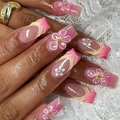 French 3D blush gradient coffin press-on nails with handmade floral art and gold accents - Pink Gradient 3D White Flower (JP3500)
