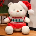 Cute white plush Christmas teddy bear wearing a red sweater with a festive holiday tree - Sweater and Skirt Style