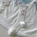 White ribbed mid-calf socks with cute pink plaid bow ribbons for a balletcore look - One Size / Lattice White