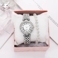Close-up of sparkling diamond-encrusted silver watch and heart bracelet set in a gift box - Silver Watch + Bracelet + Black Box