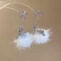 Detail of Christmas reindeer earrings with silver snowflake studs and soft white pom-poms - Silver (925 Sterling Silver Earring Post) / 17# Silver Snowflake Reindeer Pom Pom