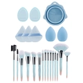 Set di 21 pennelli da trucco azzurro con spugne e tappetino per pulizia dal design chic - Pennelli Rosa Blu + Spugnetta Trucco + Piumino + Ciotola per Pulizia