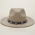 Detail of tan fedora hat featuring black band with silver floral buckles and rivets - M (56-58cm) / Rivet Cross Flower Belt Style / Apricot