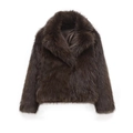Chic dark brown faux fur jacket with wide lapels and thick glossy texture on white background - XS / Coffee