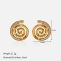 Detailed view of 32mm stainless steel spiral earrings with white rhinestones - Gold Spiral with White Rhinestones