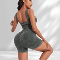 Women's dark grey acid wash seamless yoga set with sports bra and high-waist biker shorts - S / Black