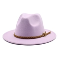 Cappello fedora in lana lavanda a tesa larga con fascia in pelle intrecciata e fibbia - Viola Taro