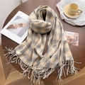 Thick winter scarf with grey and beige plaid pattern and fringe on a wooden table - Gray & Beige Plaid Type 2 (WT142-1)
