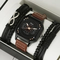 Detail view of quartz watch with brown leather strap and bracelets in a gift box - HK063 Watch & Bracelet Collection (Without Box) / Brown
