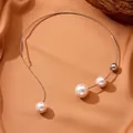 Silver stainless steel choker necklace with asymmetric white pearls and sleek bead details - Pearl Tassel Choker (S401) / Steel