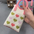 Knitted panda phone bag in white with pink and green hearts and pink top handles - Beige Colorful Hearts