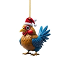 Christmas chicken ornament with red hat and blue feathers on a clean white background - Gold Brown Rooster
